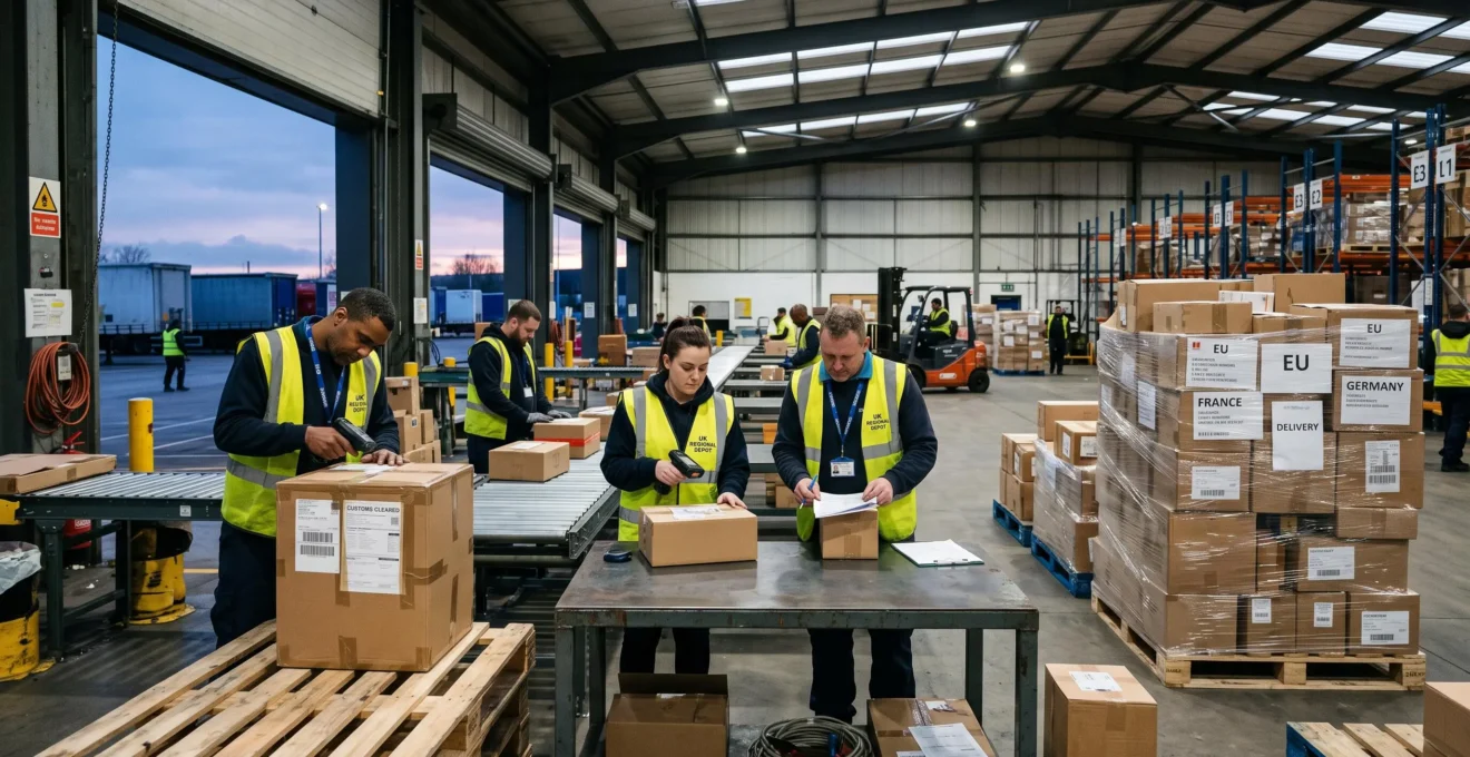 UK regional depot at dawn with parcels from China being prepared for European delivery