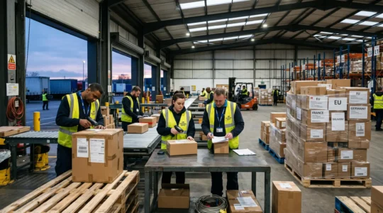 UK regional depot at dawn with parcels from China being prepared for European delivery