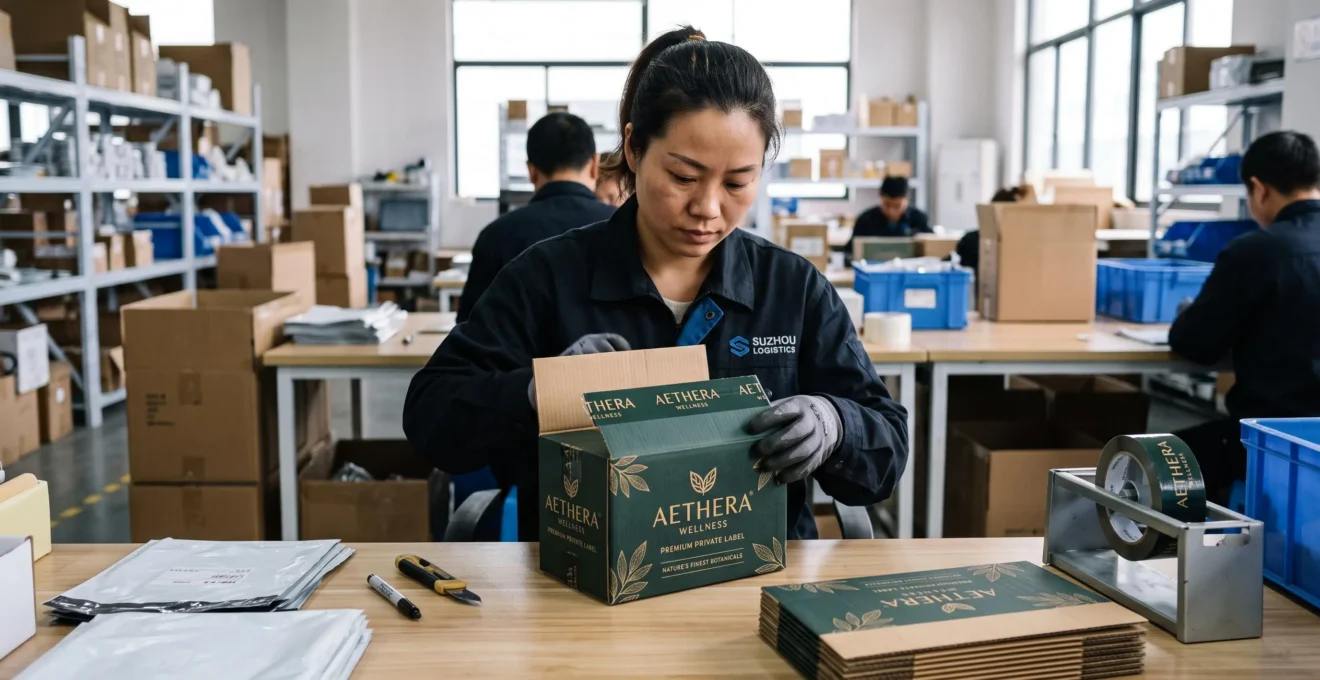 Branded private label packaging being prepared in a Chinese fulfilment warehouse